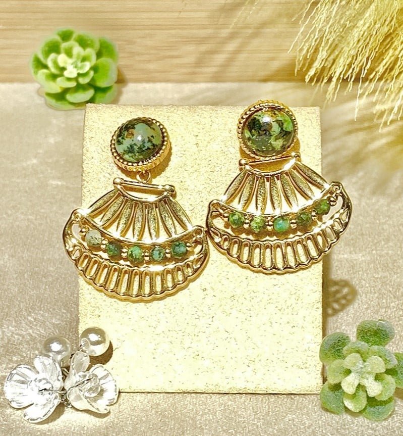 Stainless Steel Gold Earrings With Green Stones